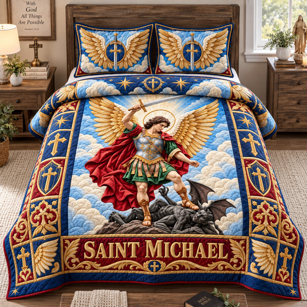 Saint Michael Defender 3-Piece Quilted Bedding Set GFTOHNL3997