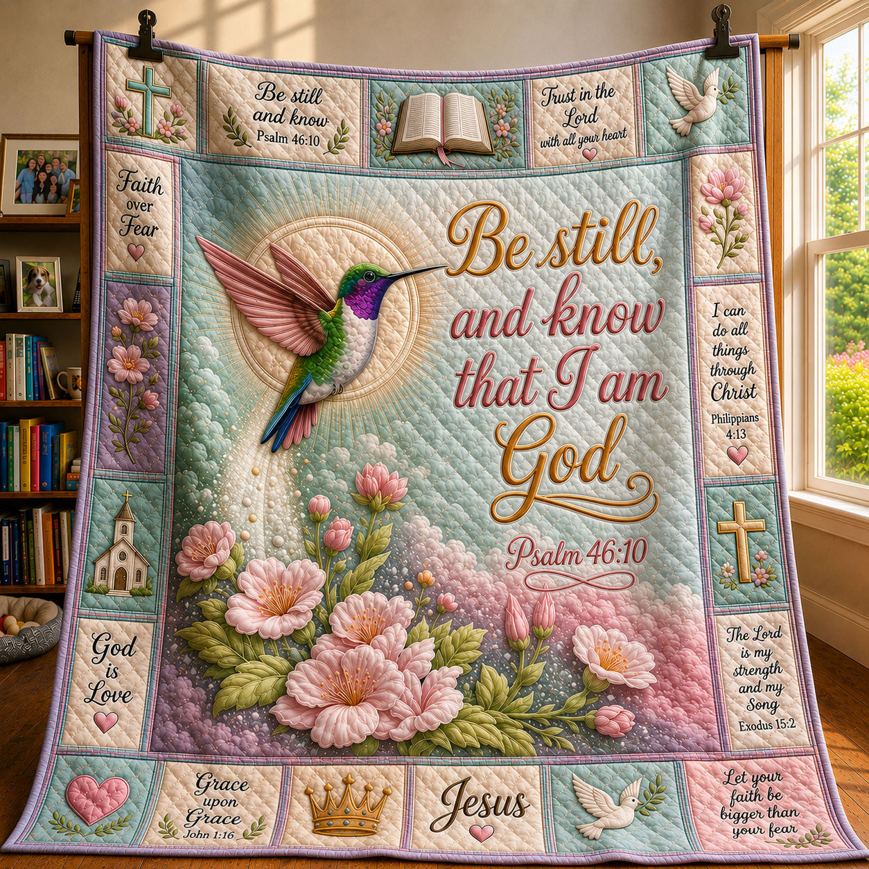 Pastel Hummingbird Faith Quilted Blanket GFTOHNL401