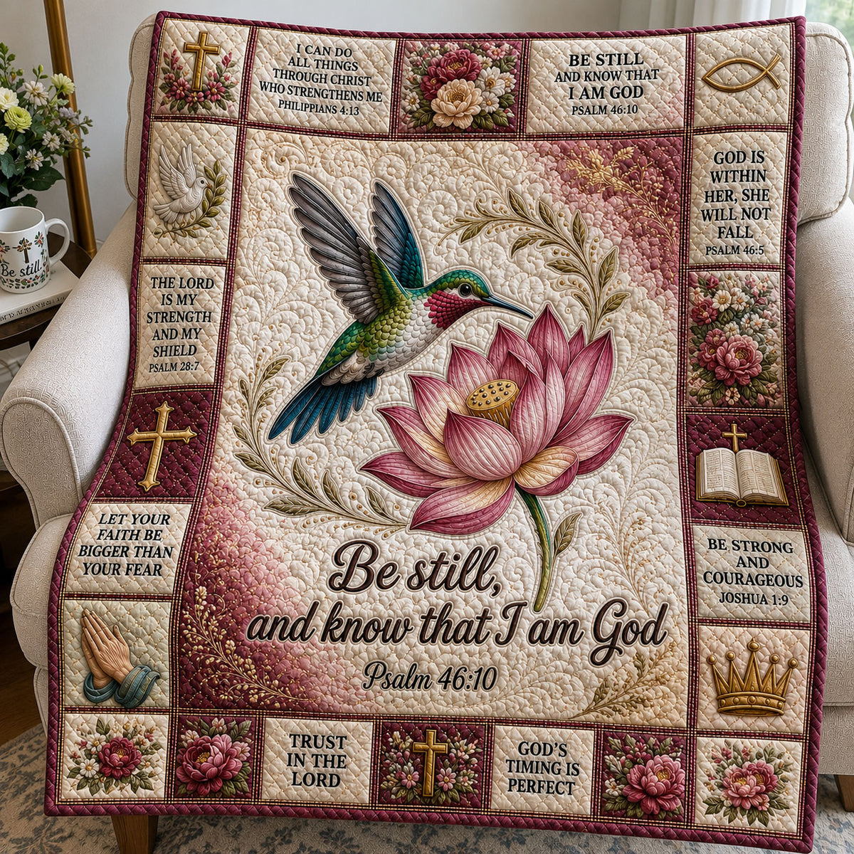 Lotus Hummingbird Psalm Quilted Blanket GFTOHNL402