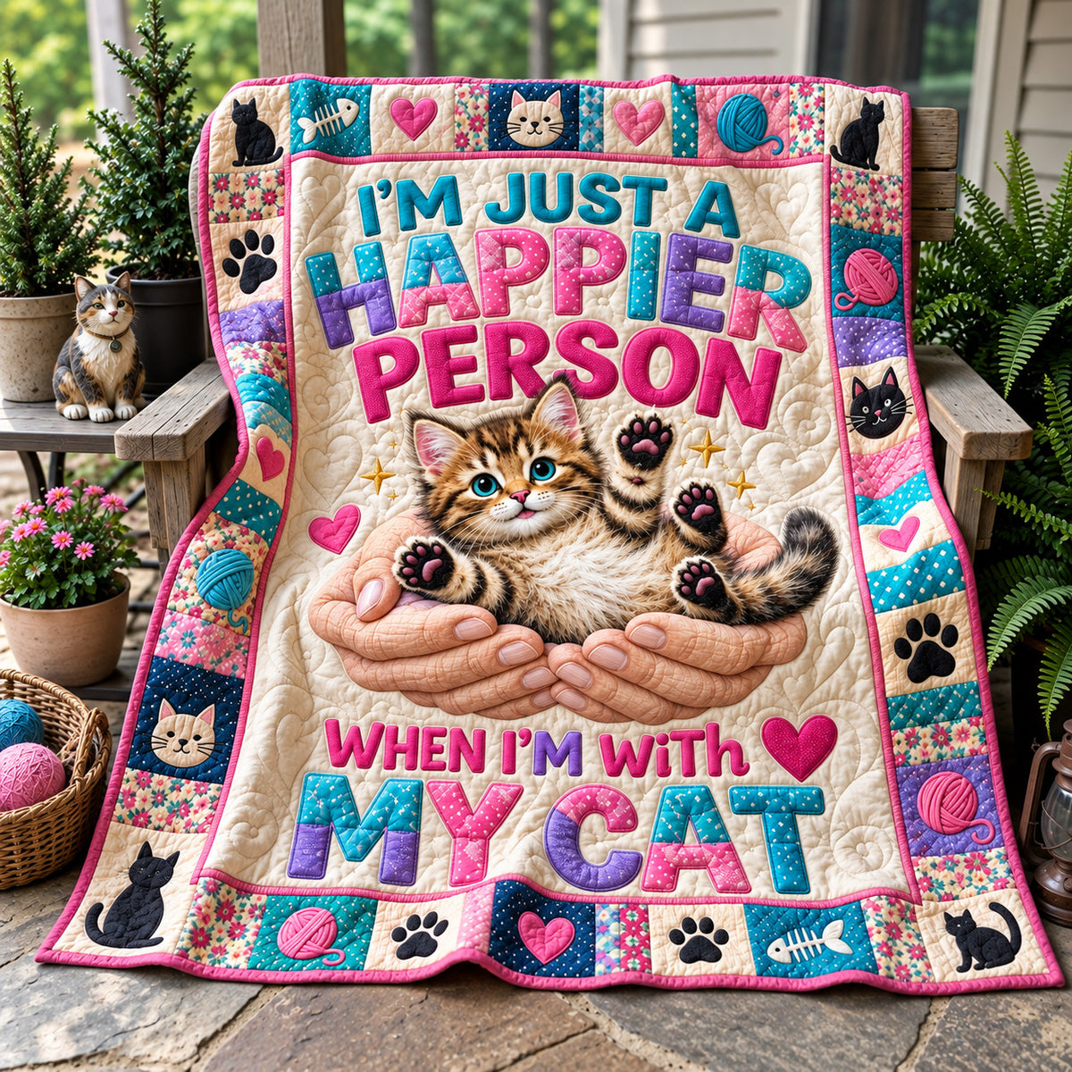 Happier With My Cat Quilted Blanket GFTOHNL4025