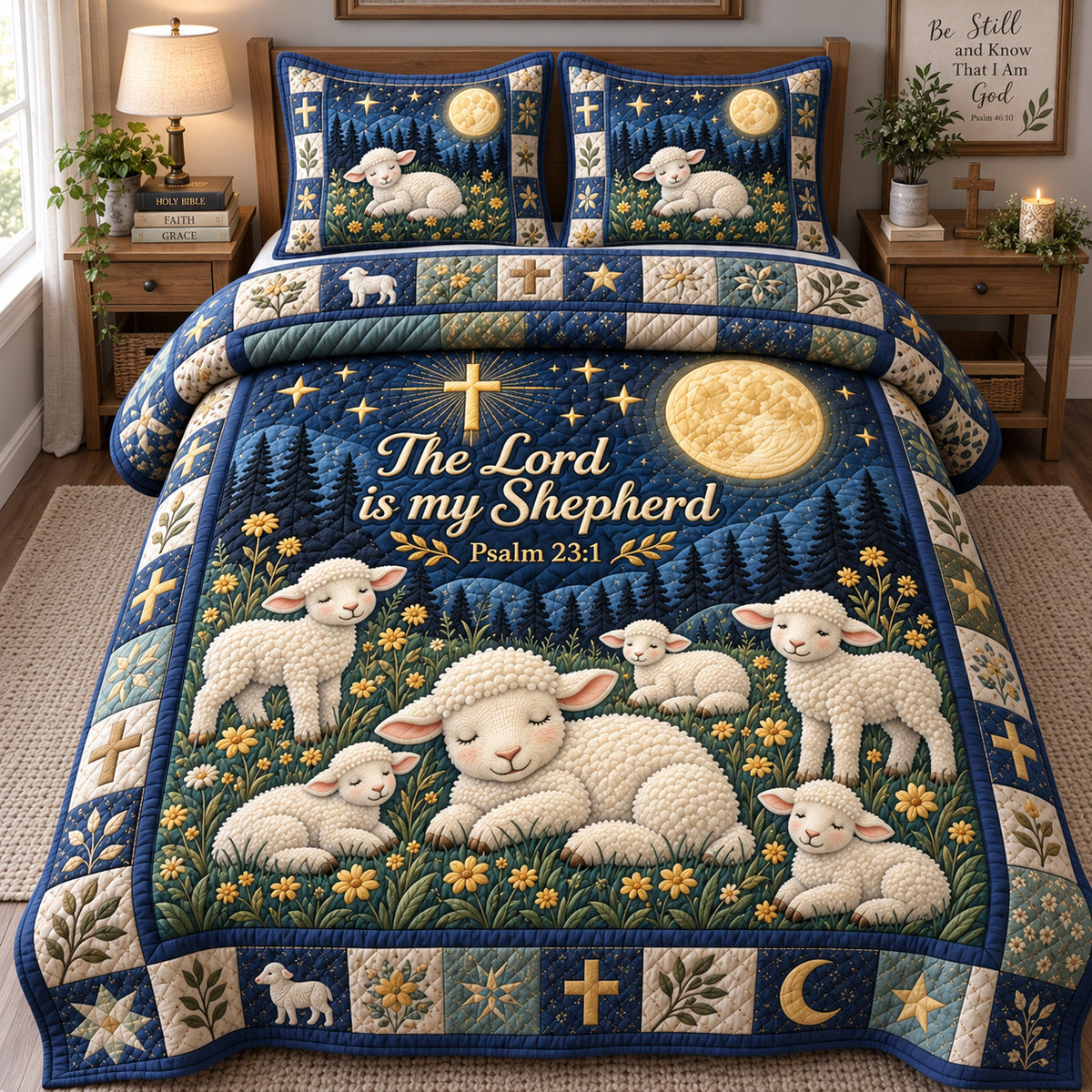 Shepherd Lambs At Night 3-Piece Quilted Bedding Set GFTOHNL4029