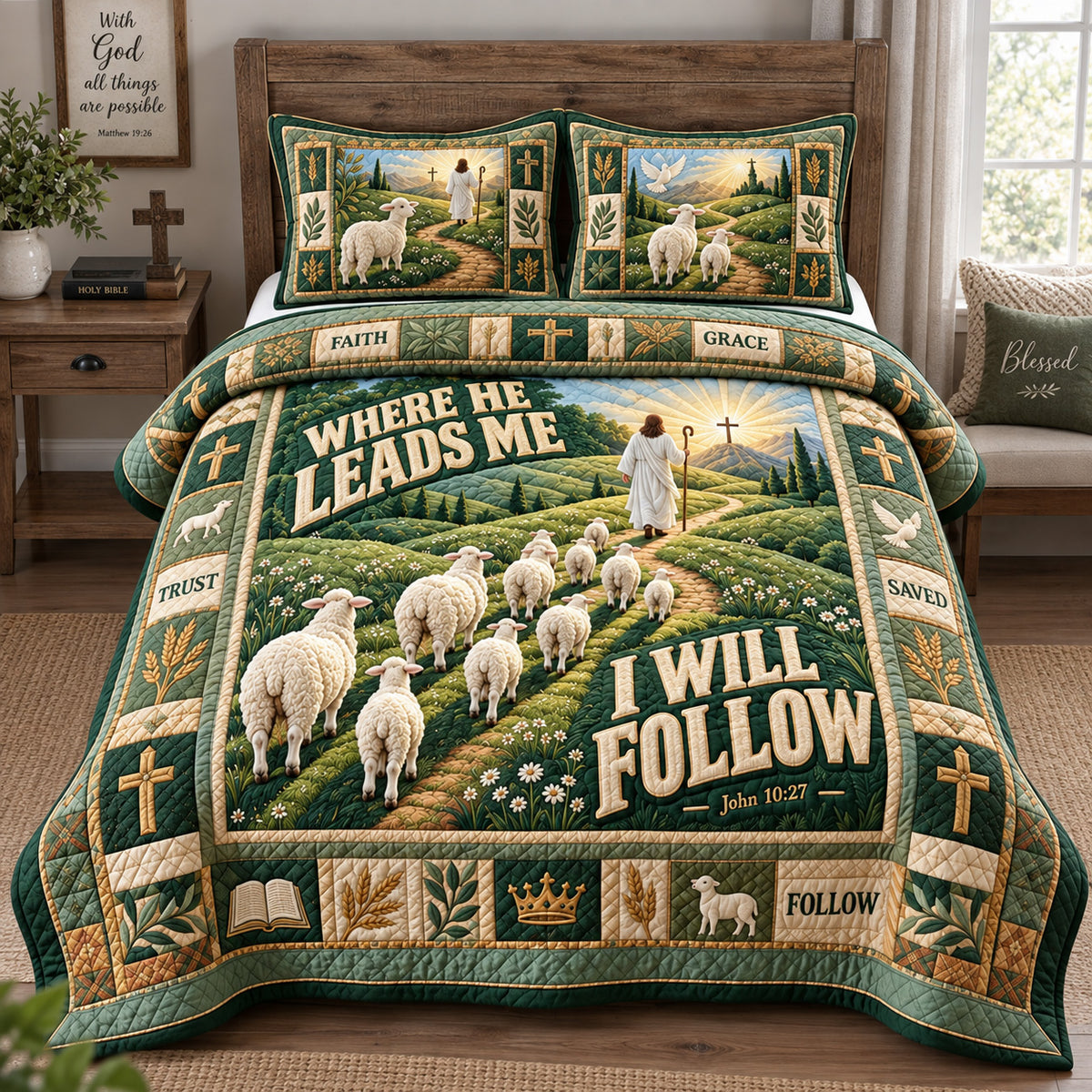 Where He Leads Me 3-Piece Quilted Bedding Set GFTOHNL4032