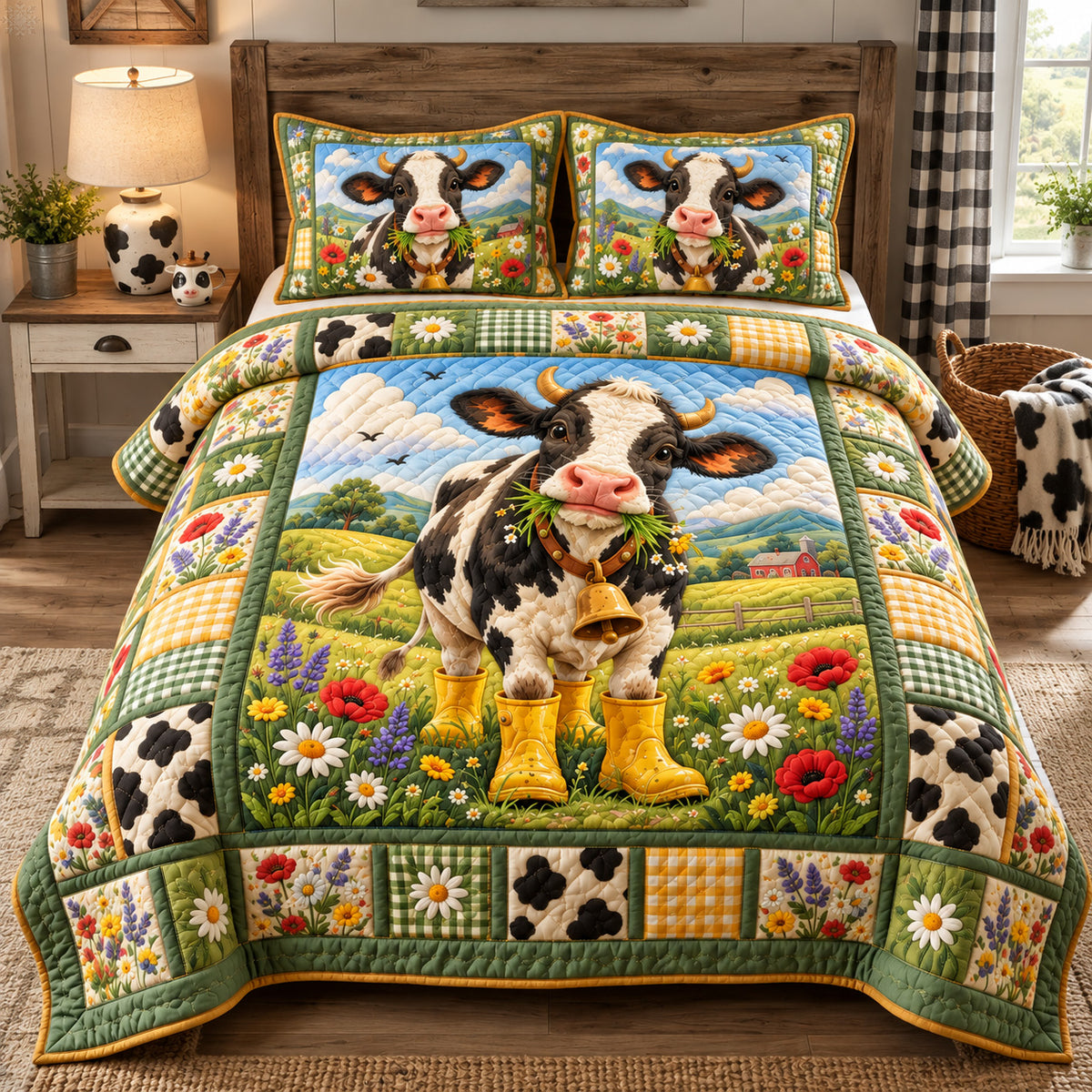Cow In Yellow Boots 3-Piece Quilted Bedding Set GFTOHNL4119