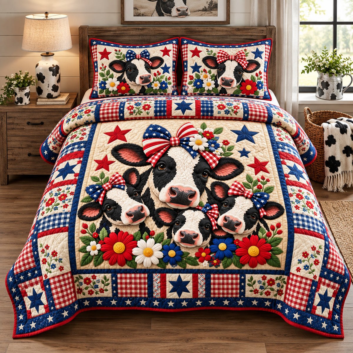 Patriotic Cow Family 3-Piece Quilted Bedding Set GFTOHNL4120