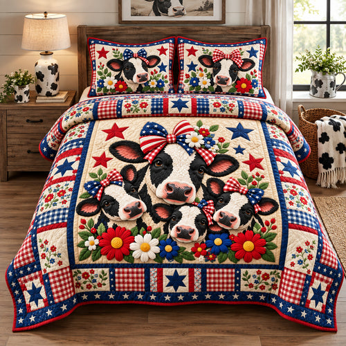 Patriotic Cow Family 3-Piece Quilted Bedding Set GFTOHNL4120