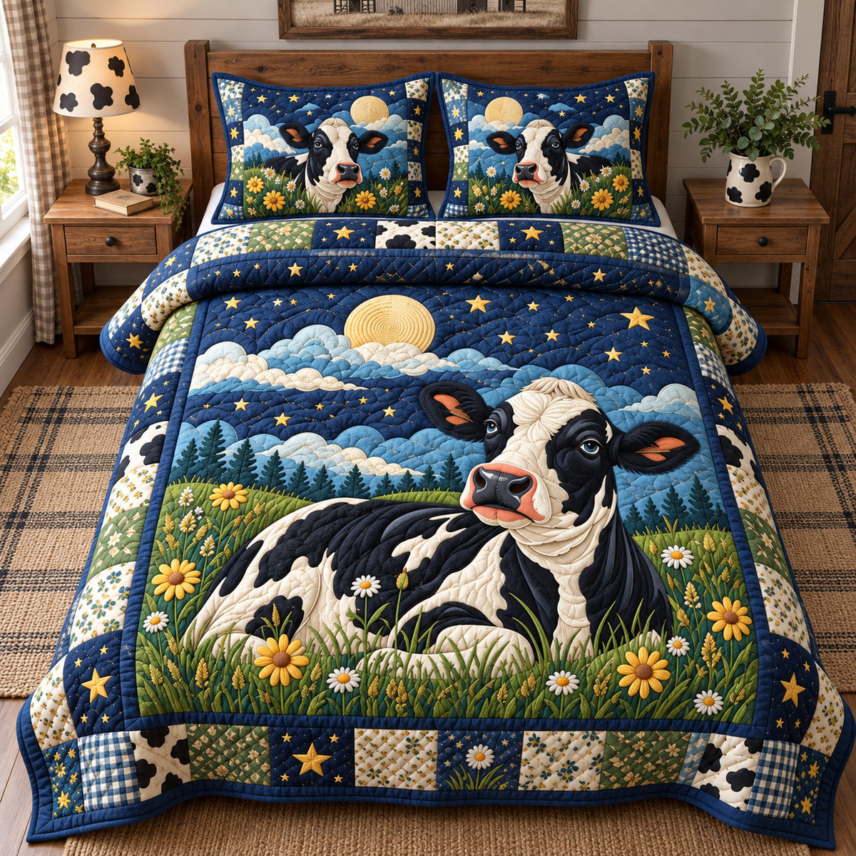 Moonlight Meadow Cow 3-Piece Quilted Bedding Set GFTOHNL4122