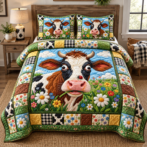 Funny Flower Cow 3-Piece Quilted Bedding Set GFTOHNL4123
