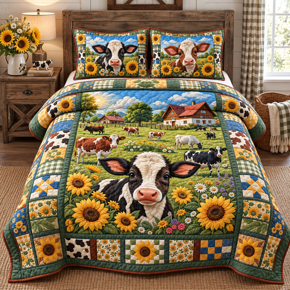 Sunflower Farm Cow 3-Piece Quilted Bedding Set GFTOHNL4125