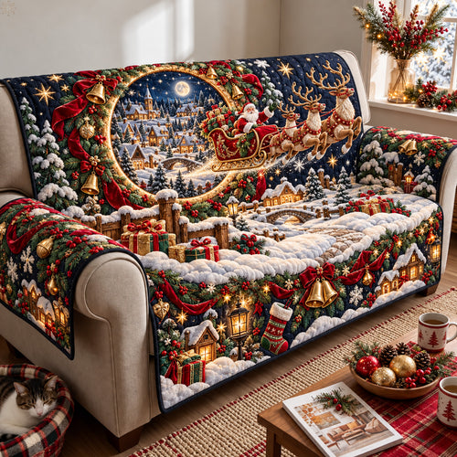 Santa Sleigh Christmas Village Quilted Sofa Cover GFTOHNL4126