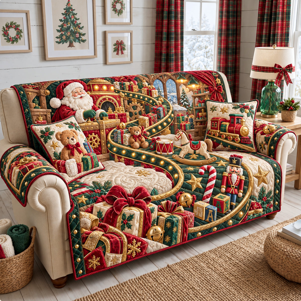 Santa Toy Workshop Quilted Sofa Cover GFTOHNL4130