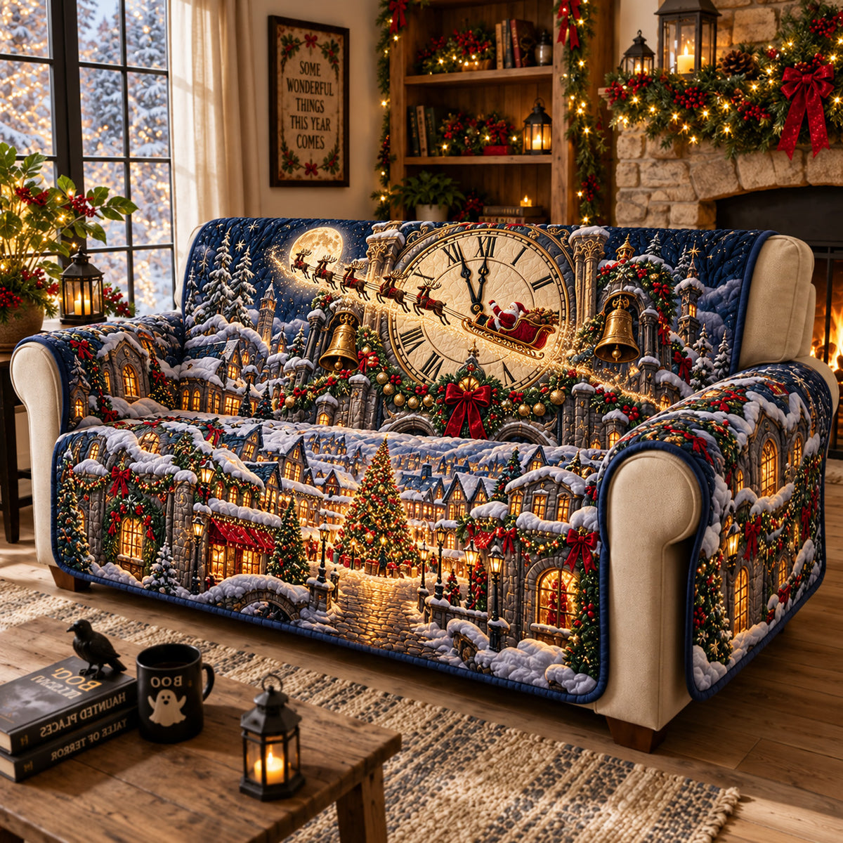 Christmas Clock Village Quilted Sofa Cover GFTOHNL4131