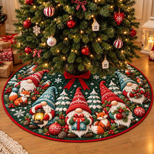 Woodland Christmas Gnomes Quilted Tree Skirt GFTOHNL4135