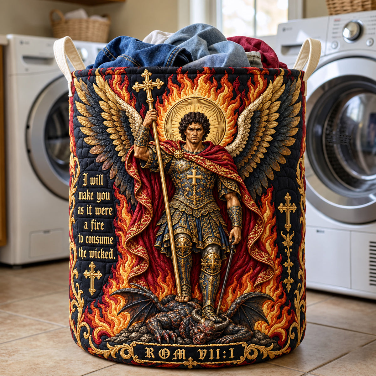 Saint Michael Fire Of Justice Quilted Laundry Basket GFTOHNL4175