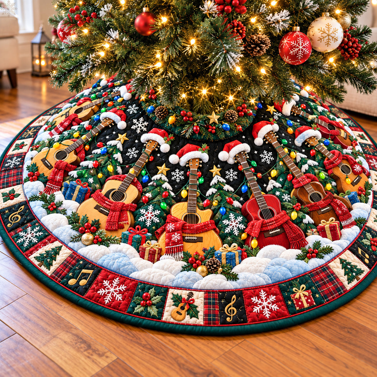 Cozy Christmas Guitar Band Quilted Tree Skirt GFTOHNL4185