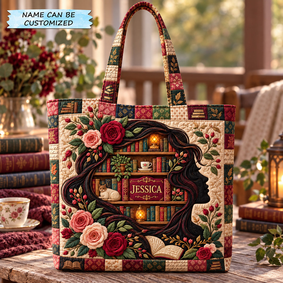 Romantic Reading Garden Quilted Tote Bag QTCUZ GFTOHNL4214