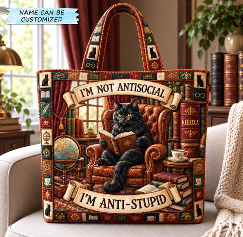 Anti Social Book Cat Quilted Tote Bag QTCUZ GFTOHNL4218
