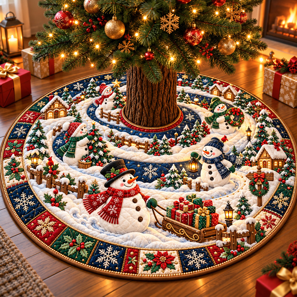 Snowman Christmas Village Quilted Tree Skirt GFTOHNL4226