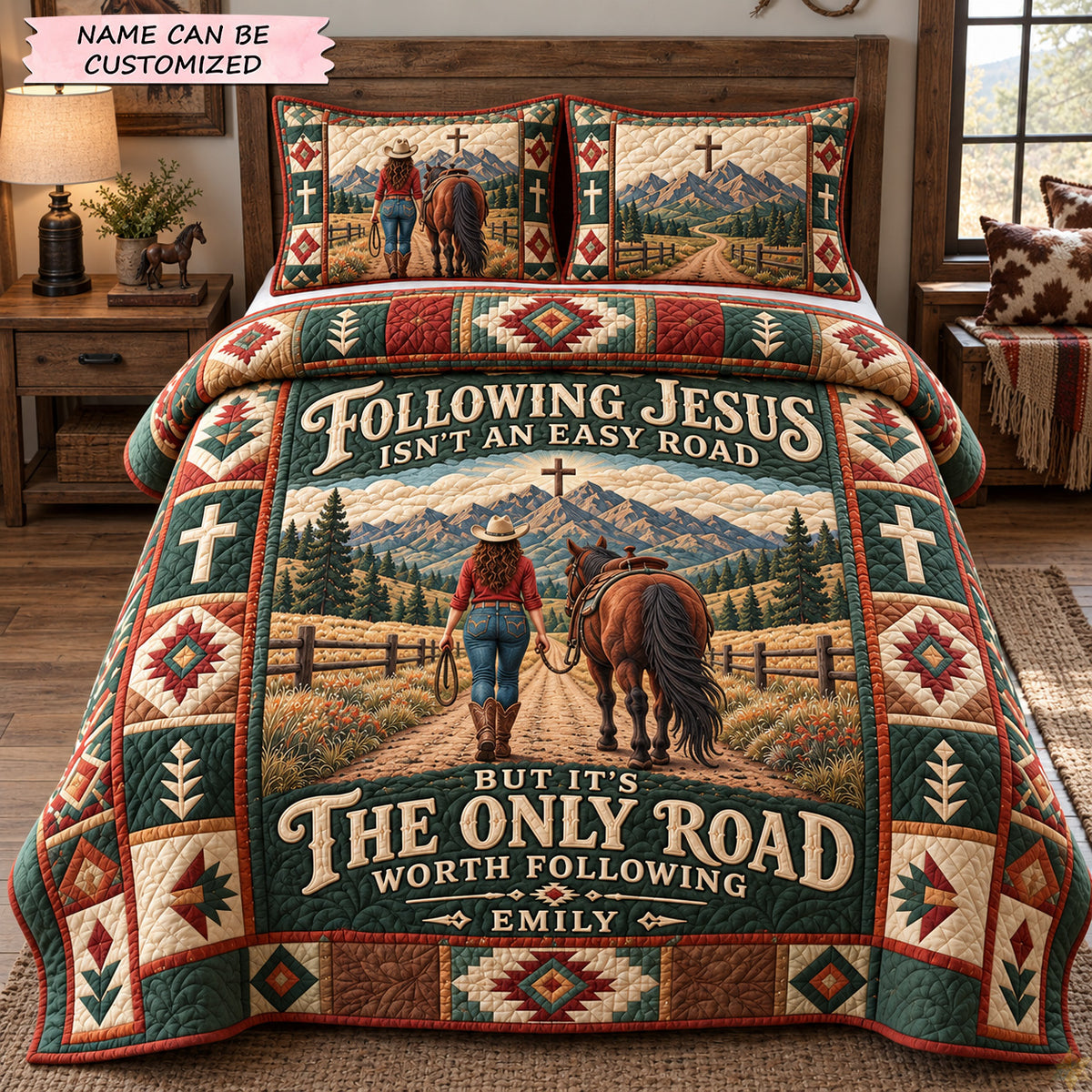 Following Jesus On The Cowboy Trail 3-Piece Quilted Bedding Set QTCUZ GFTOHNL4266