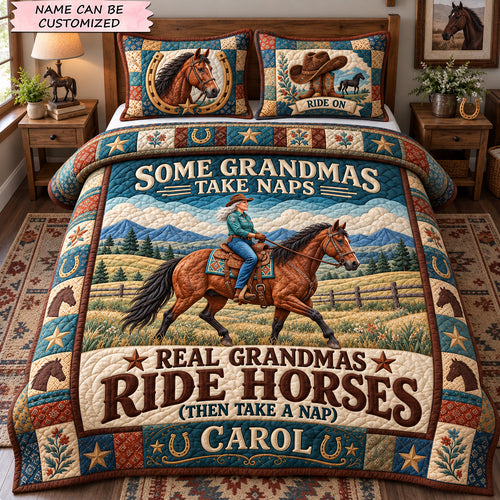 Real Grandmas Ride Horses 3-Piece Quilted Bedding Set QTCUZ GFTOHNL4269