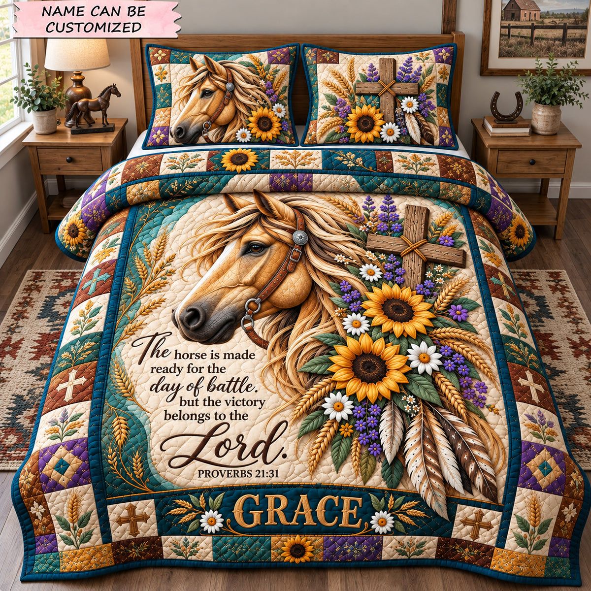 Faith And Sunflower Horse 3-Piece Quilted Bedding Set QTCUZ GFTOHNL4271