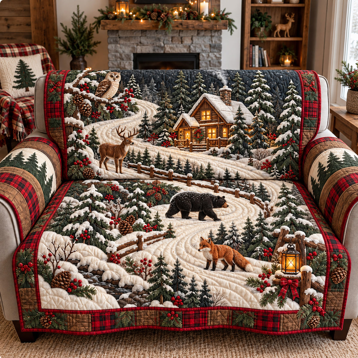 Woodland Wildlife Winter Retreat Quilted Sofa Cover GFTOHNL4274