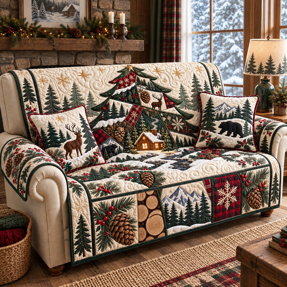 Christmas Tree Cabin Wonderland Quilted Sofa Cover GFTOHNL4275