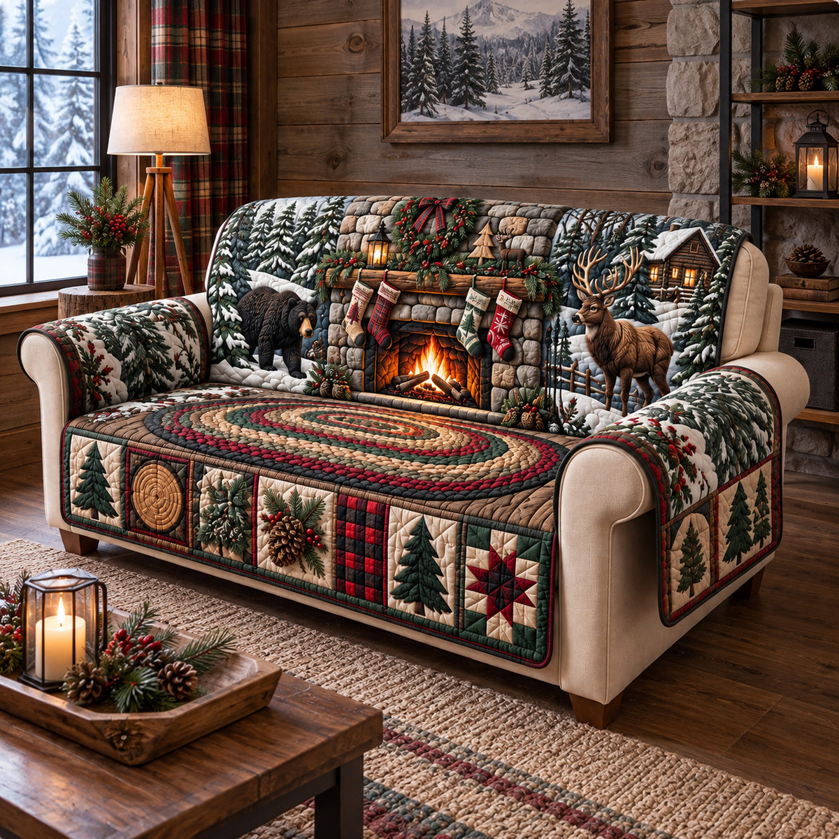 Christmas By The Cabin Fireplace Quilted Sofa Cover GFTOHNL4276