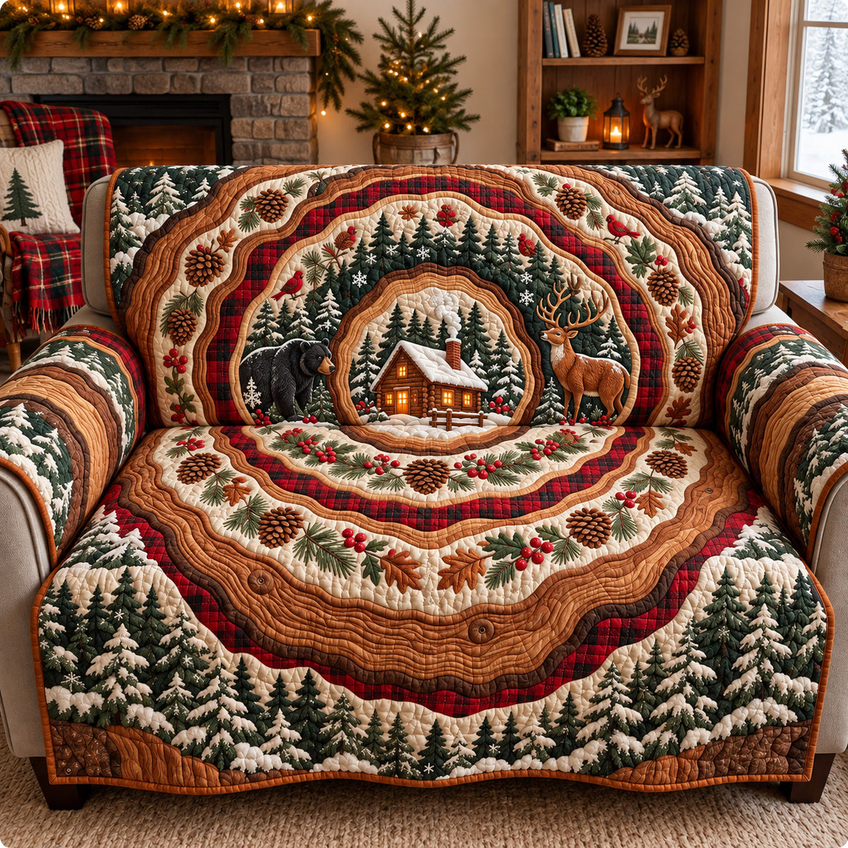 Rustic Christmas Forest Escape Quilted Sofa Cover GFTOHNL4277