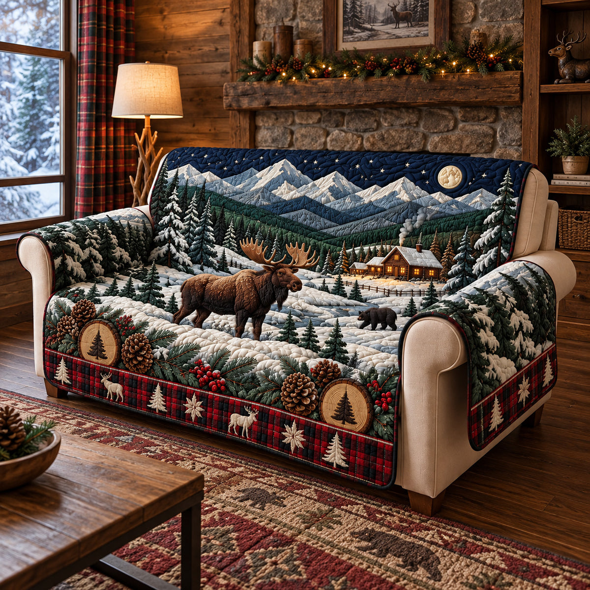 Snowy Mountain Wildlife Cabin Quilted Sofa Cover GFTOHNL4278