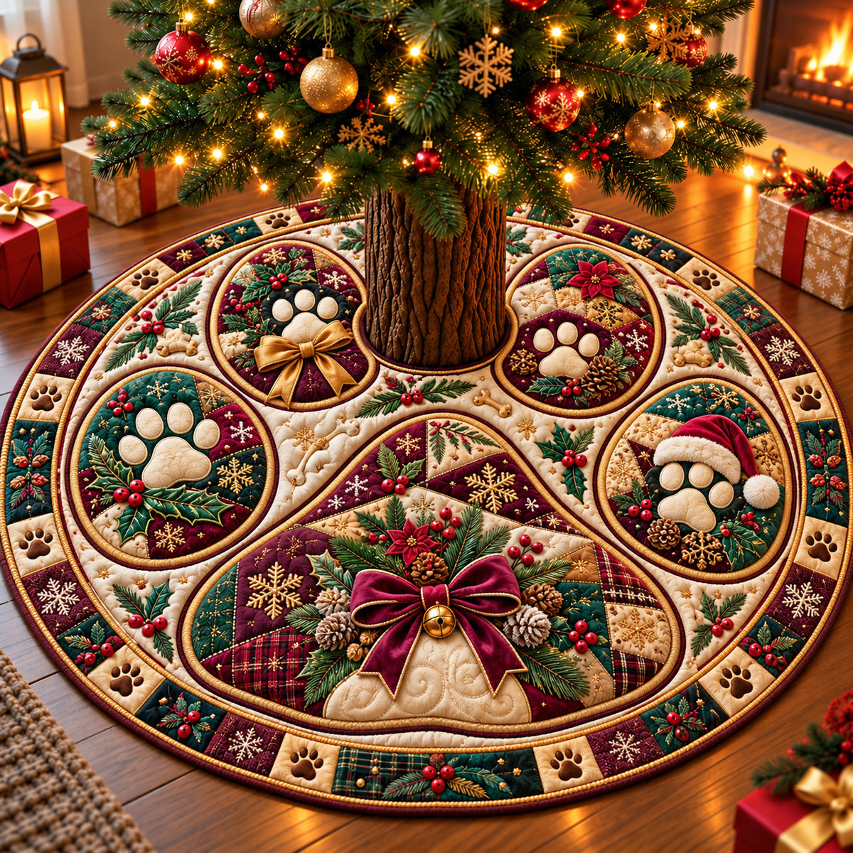 Christmas Paw Print Wishes Quilted Tree Skirt GFTOHNL4282