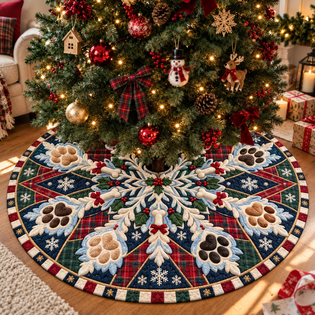 Snowy Paws And Christmas Joy Quilted Tree Skirt GFTOHNL4283