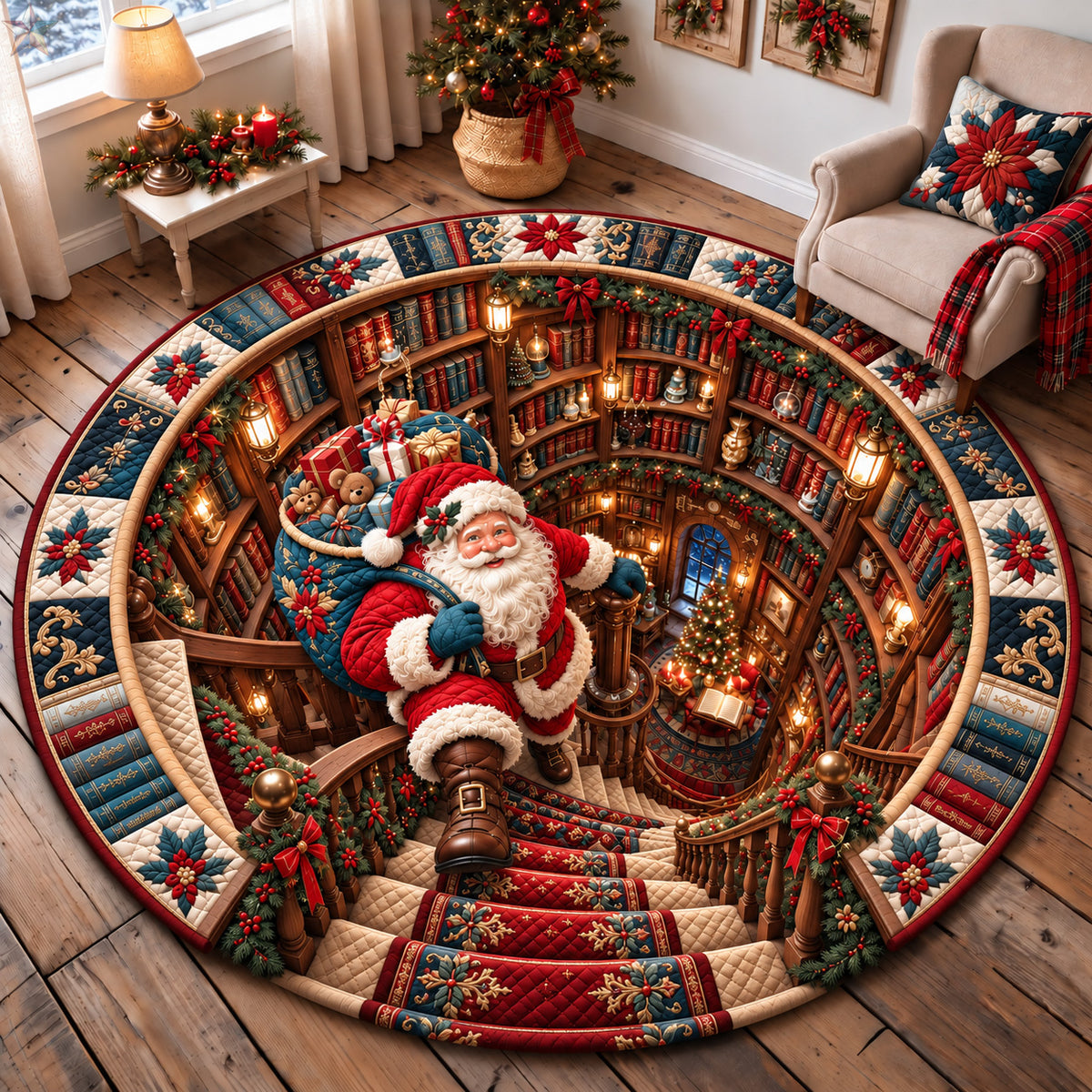 Santa Christmas Library Quilted Round Mat GFTOHNL4298