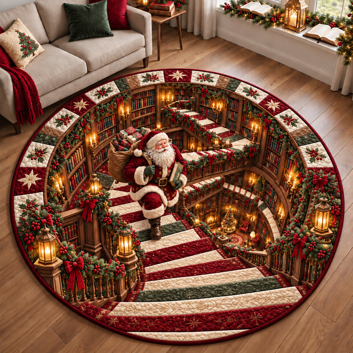 Santa Library Stairs Quilted Round Mat GFTOHNL4300