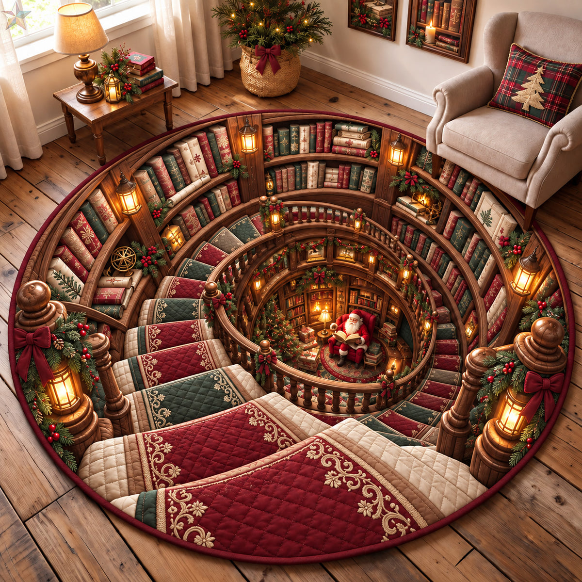 Christmas Library Staircase Quilted Round Mat GFTOHNL4304