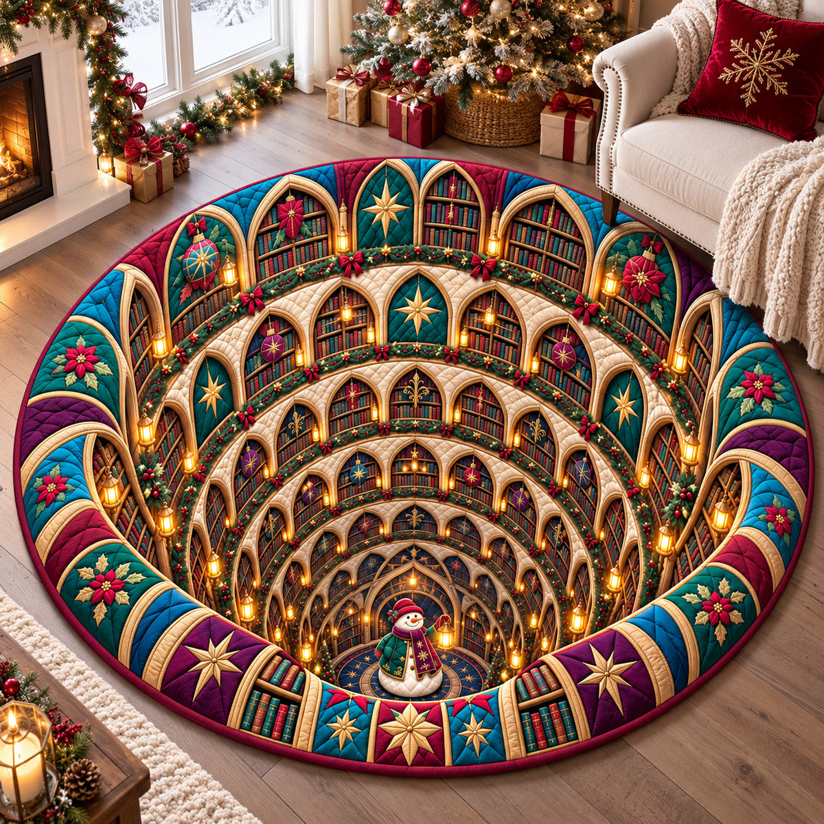 Christmas Cathedral Library Quilted Round Mat GFTOHNL4309