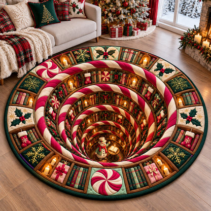 Candy Cane Christmas Library Quilted Round Mat GFTOHNL4311
