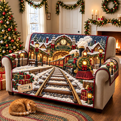 North Pole Christmas Train Quilted Sofa Cover GFTOHNL4316