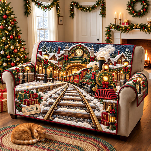 North Pole Christmas Train Quilted Sofa Cover GFTOHNL4316