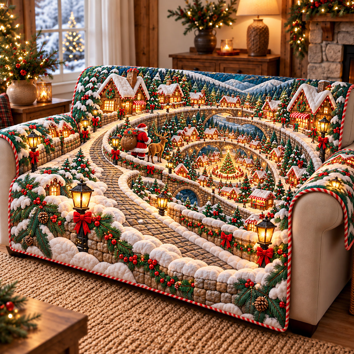 Santa Christmas Village Road Quilted Sofa Cover GFTOHNL4318