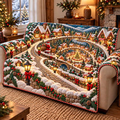 Santa Christmas Village Road Quilted Sofa Cover GFTOHNL4318