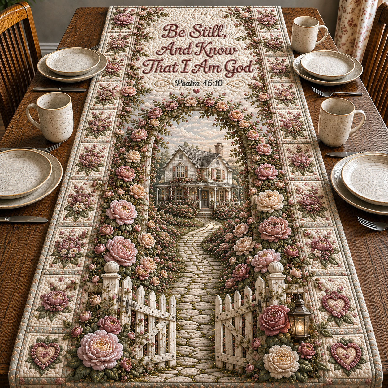 Be Still Rose Cottage Quilted Table Runner GFTOHNL432