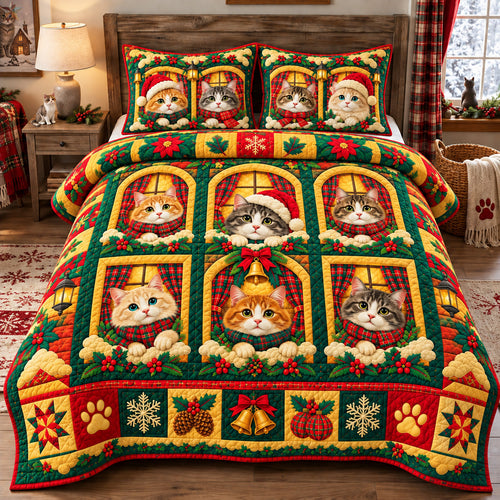Christmas Cats At The Window 3-Piece Quilted Bedding Set GFTOHNL4326