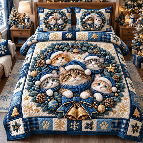 Blue Christmas Cat Wreath 3-Piece Quilted Bedding Set GFTOHNL4328