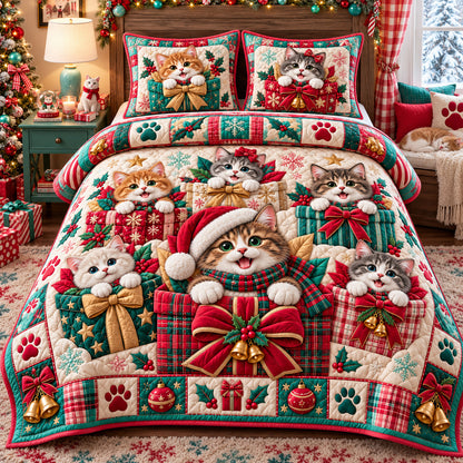 Christmas Cats In Gift Boxes 3-Piece Quilted Bedding Set GFTOHNL4329