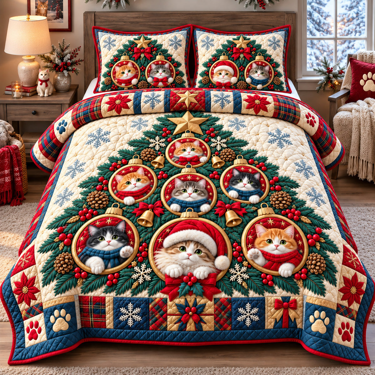 Christmas Cat Ornament Tree 3-Piece Quilted Bedding Set GFTOHNL4330