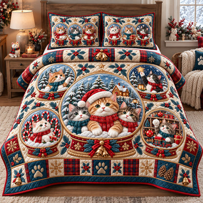 Christmas Cat Snow Globes 3-Piece Quilted Bedding Set GFTOHNL4331
