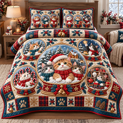 Christmas Cat Snow Globes 3-Piece Quilted Bedding Set GFTOHNL4331