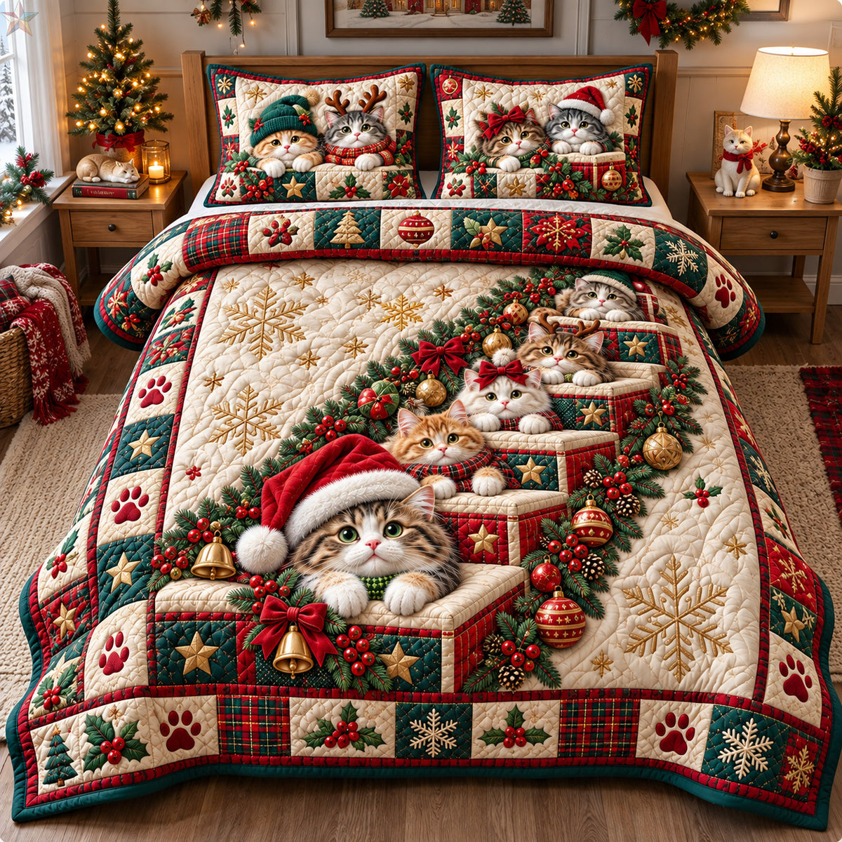 Christmas Cat Gift Stairway 3-Piece Quilted Bedding Set GFTOHNL4332