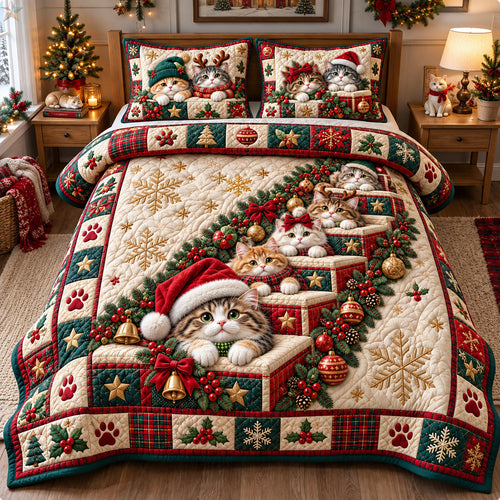 Christmas Cat Gift Stairway 3-Piece Quilted Bedding Set GFTOHNL4332