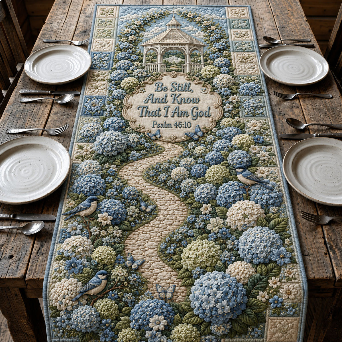 Blue Hydrangea Faith Garden Quilted Table Runner GFTOHNL434